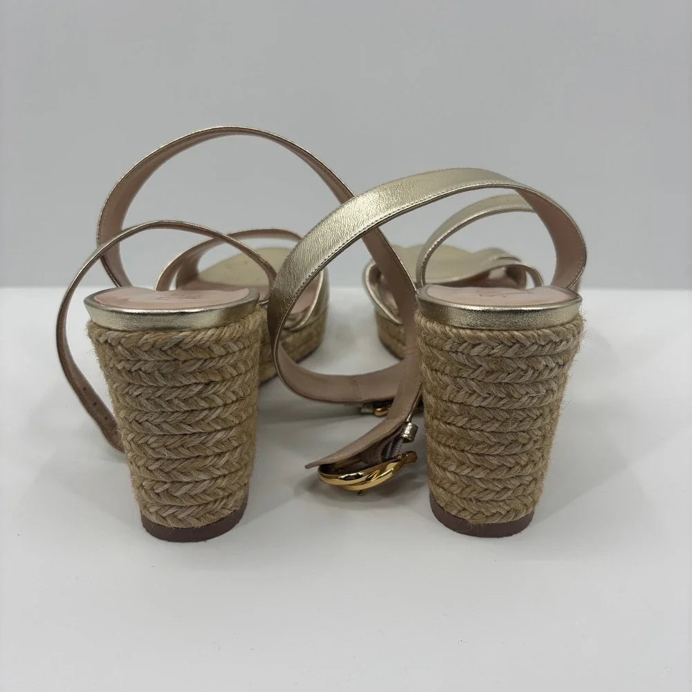 Stuart Weitzman Metallic Gold Leather Espadrille Strappy Wedge Sandals Womens 9